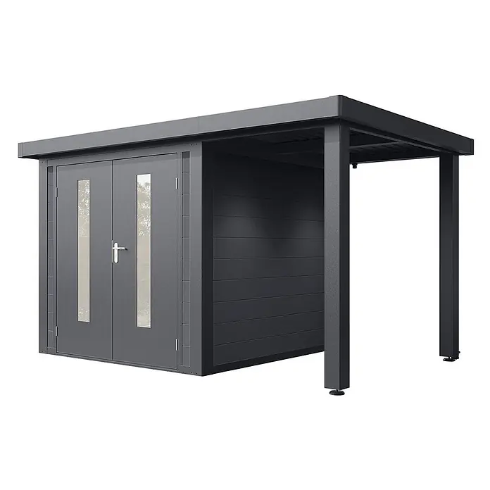 Wolff Finnhaus Gartenhaus Olin Master Line - Außenmaß inkl. Dachüberstand (B x T): 399 x 272 cm, Verbundwerkstoff, Anthrazit - Anthrazitfarbenes Gartenhaus mit Doppeltür und integriertem Carport.