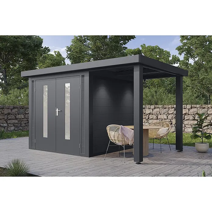 Wolff Finnhaus Gartenhaus Olin Master Line - Außenmaß inkl. Dachüberstand (B x T): 399 x 272 cm, Verbundwerkstoff, Anthrazit - Dunkelgrauer Geräteschuppen mit Doppeltür und angebauter Pergola auf Holzterrasse, bietet Stauraum und Sitzgelegenheit.
