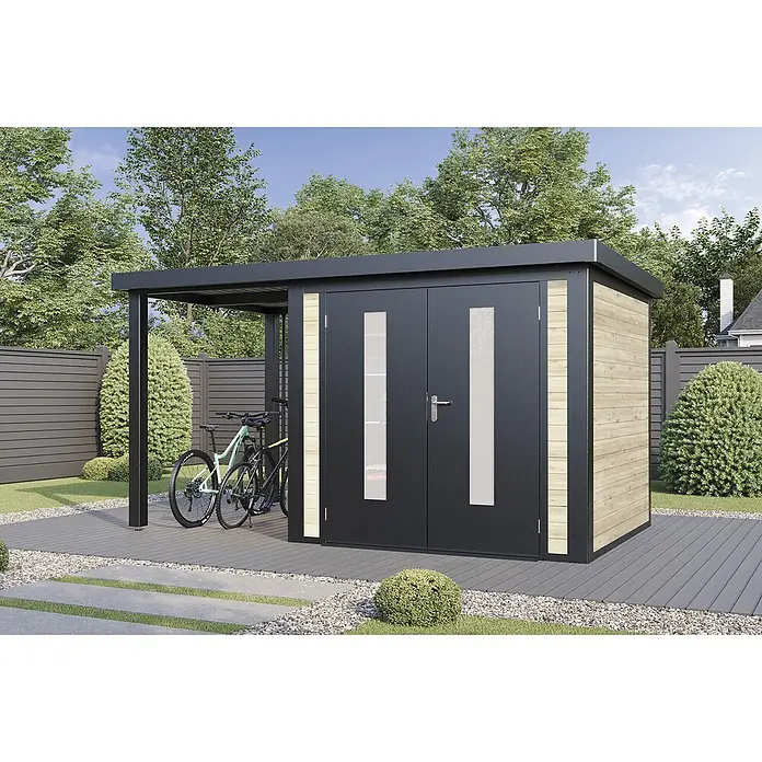 Wolff Finnhaus Gartenhaus Alvar Master Line - Außenmaß inkl. Dachüberstand (B x T): 399 x 272 cm, Holz, Naturhell - Moderner Geräteschuppen mit anthrazitfarbenem Rahmen, hellen Holzpaneelen, Doppeltüren und integriertem Fahrrad-Carport.
