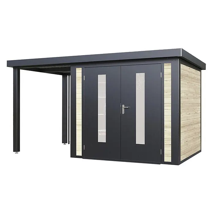 Wolff Finnhaus Gartenhaus Alvar Master Line - Außenmaß inkl. Dachüberstand (B x T): 399 x 272 cm, Holz, Naturhell - Dunkelgrauer Gartenschuppen mit Holzpaneelen, integriertem Carport und zwei Türen mit transparenten Einsätzen.