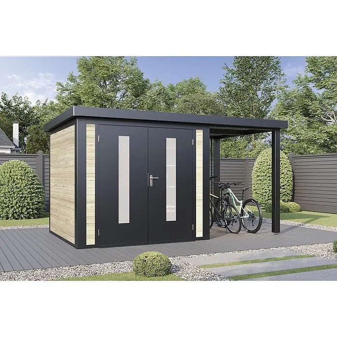 Wolff Finnhaus Gartenhaus Alvar Master Line - Außenmaß inkl. Dachüberstand (B x T): 399 x 272 cm, Holz, Naturhell - Moderner Geräteschuppen mit schwarzen Türen, Holzverkleidung und angebautem Carport auf grauer Terrasse, Fahrräder darunter abgestellt.