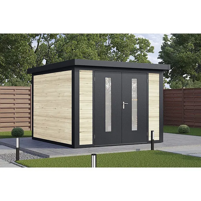Wolff Finnhaus Gartenhaus Henrik Master Line - Außenmaß inkl. Dachüberstand (B x T): 324 x 332 cm, Holz, Naturhell - Moderner Geräteschuppen mit schwarzem Rahmen, heller Holzverkleidung und Doppeltür mit Glaseinsätzen, im Garten.