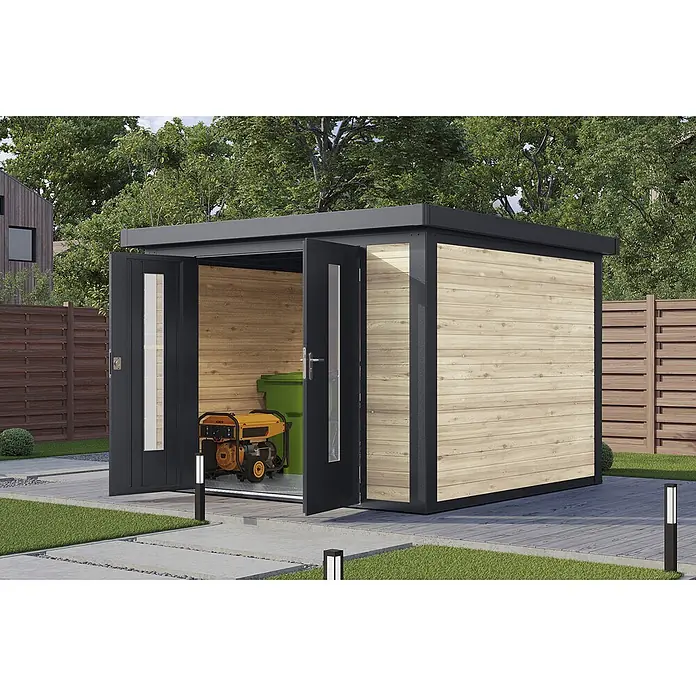 Wolff Finnhaus Gartenhaus Henrik Master Line - Außenmaß inkl. Dachüberstand (B x T): 324 x 332 cm, Holz, Naturhell - Moderner Gartenhaus mit heller Holzoptik und dunkelgrauem Rahmen, Türen offenbaren Generator und Mülleimer.