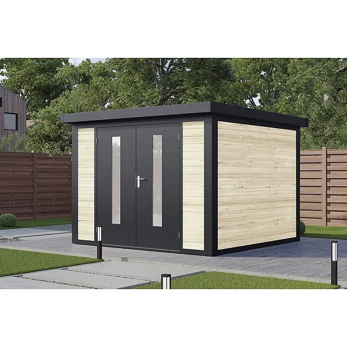 Wolff Finnhaus Gartenhaus Henrik Master Line - Außenmaß inkl. Dachüberstand (B x T): 324 x 332 cm, Holz, Naturhell - Modernes Gartenhaus in Schwarz und Naturholz mit Doppeltür und Fenstern, im Garten mit gepflastertem Weg.