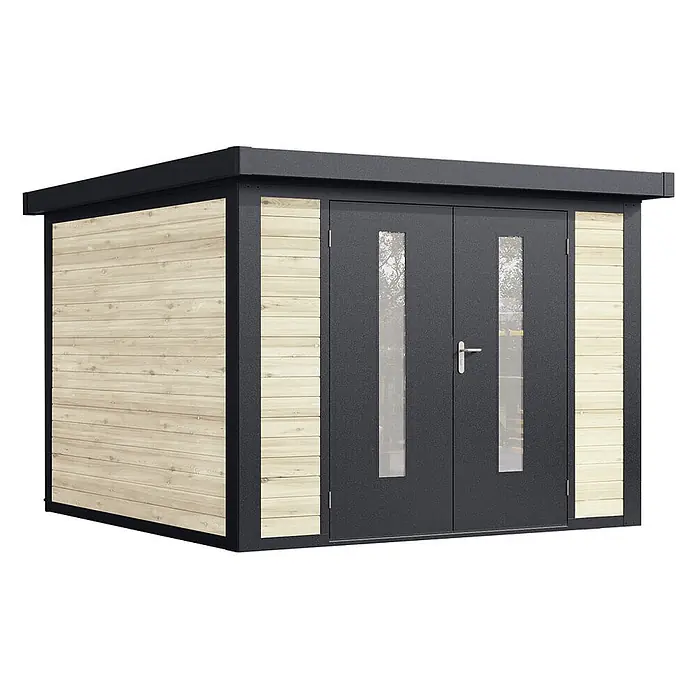 Wolff Finnhaus Gartenhaus Henrik Master Line - Außenmaß inkl. Dachüberstand (B x T): 324 x 332 cm, Holz, Naturhell - Modernes Gartenhaus mit dunkelgrauem Rahmen, Doppeltüren, hellen Holzpaneelen und Glaseinsätzen in den Türen.