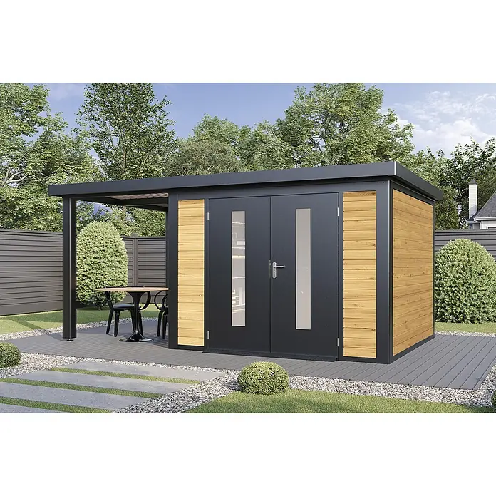 Wolff Finnhaus Gartenhaus Alvar Master Line - Außenmaß inkl. Dachüberstand (B x T): 550 x 272 cm, Holz, Kiefer - Moderner Gartenschuppen mit dunkelgrauem Rahmen, Holzverkleidung, Doppeltüren mit Glas und integriertem Überdach mit Sitzbereich.