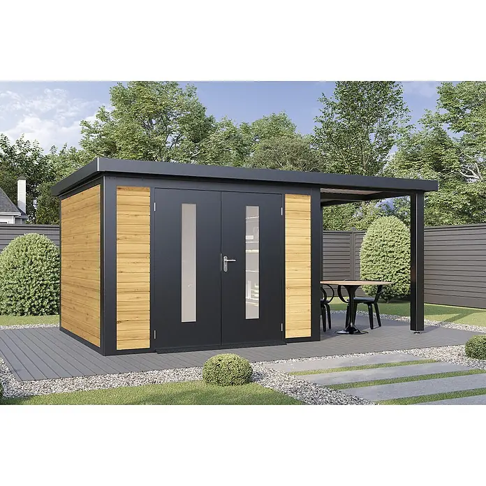 Wolff Finnhaus Gartenhaus Alvar Master Line - Außenmaß inkl. Dachüberstand (B x T): 550 x 272 cm, Holz, Kiefer - Modernes Gartenhaus mit dunkelgrauem Rahmen, Holzpaneelen, Glastüren und angebauter Pergola.
