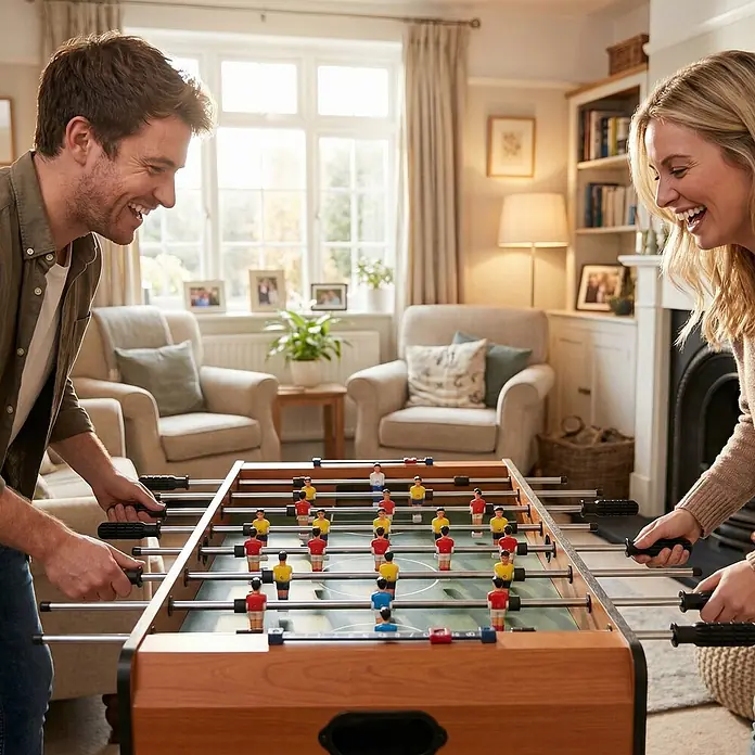 Homcom Tischkicker - L x B x H: 84,5 x 40 x 61,2 cm, Naturholz - Brauner Kickertisch aus Holz mit grünem Spielfeld, der von zwei Personen gespielt wird.