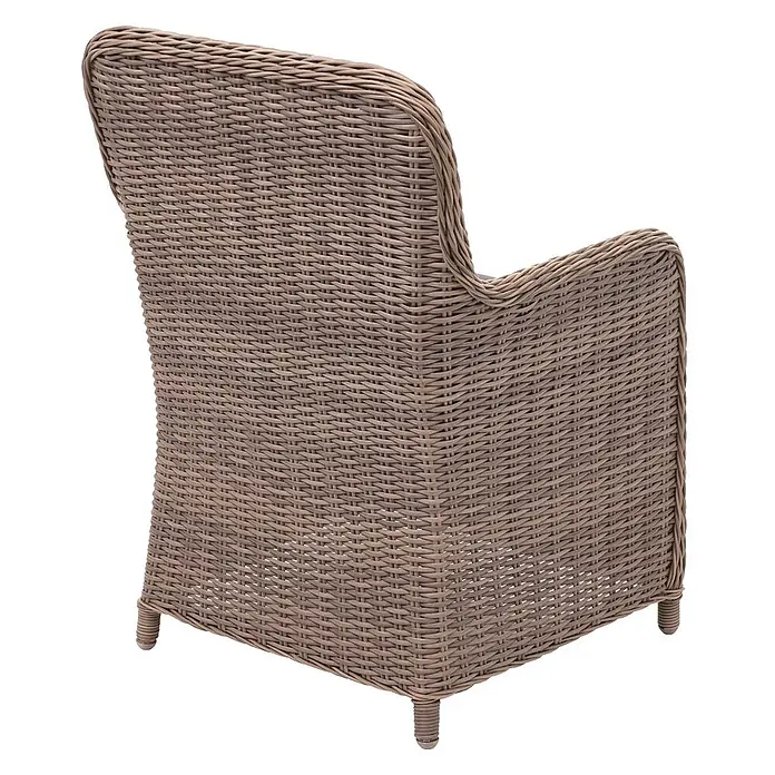 Mendler Gartensessel HWC-E98 - 2 Stk., Polyrattan, Beige, Kissen grau, B x T x H: 63 x 63 x 94 cm - Graubrauner Korbsessel, von hinten gesehen, der seine geflochtene Textur und kleine Füße zeigt.