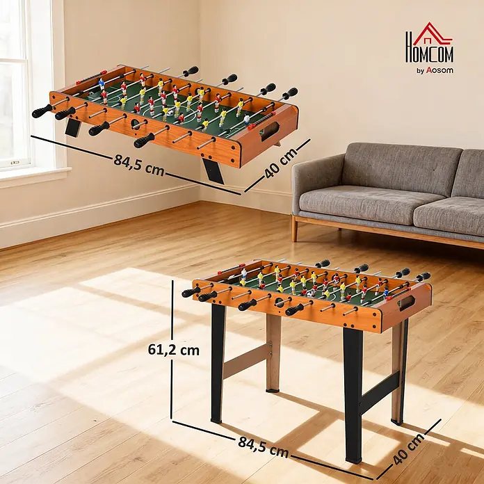 Homcom Tischkicker - L x B x H: 84,5 x 40 x 61,2 cm, Naturholz - Tischfußballtisch aus Holz mit schwarzen Beinen und grünem Spielfeld. Maße: 84,5 cm (L) x 40 cm (B) x 61,2 cm (H).