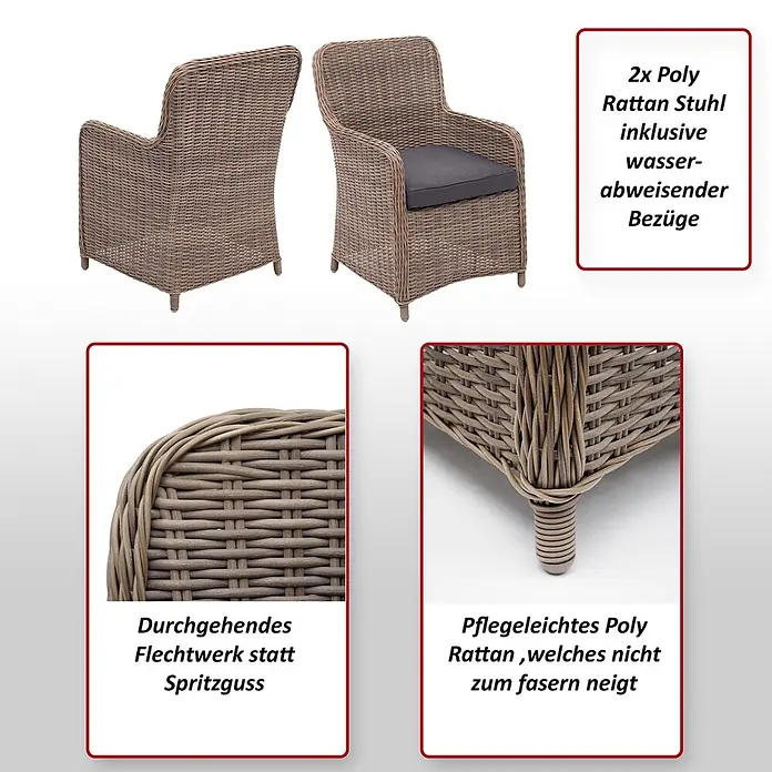 Mendler Gartensessel HWC-E98 - 2 Stk., Polyrattan, Beige, Kissen grau, B x T x H: 63 x 63 x 94 cm - Zwei Polyrattan Stühle mit Kissen, mit durchgehendem Geflecht und pflegeleichtem, nicht faserndem Material.