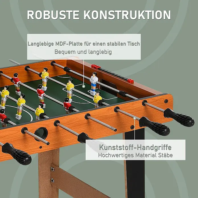 Homcom Tischkicker - L x B x H: 84,5 x 40 x 61,2 cm, Naturholz - Ein robuster Tischkicker aus braunem MDF mit schwarzen Kunststoffgriffen und Metallstangen.