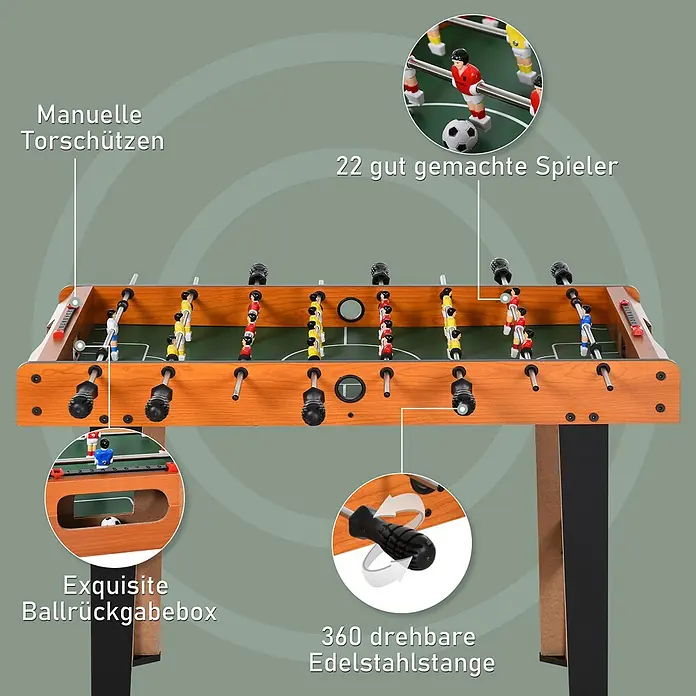 Homcom Tischkicker - L x B x H: 84,5 x 40 x 61,2 cm, Naturholz - Brauner Holztischkicker mit 22 Spielern, manuellen Torschützen, Ballrückgabe und 360° drehbaren Edelstahlstangen.