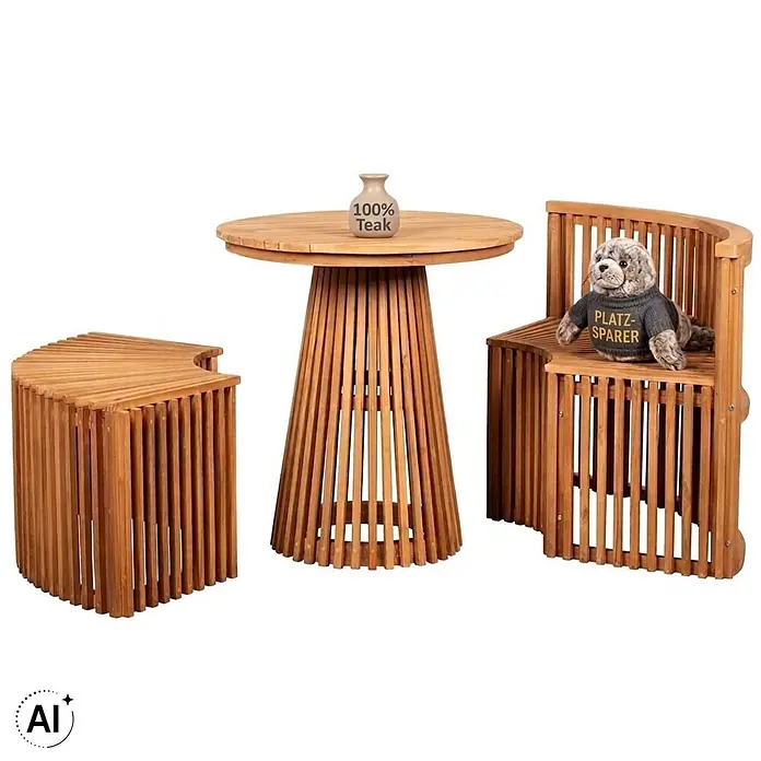 Bene Living Gartentisch-Set Henfield - Gesamtumfang: 3 -tlg., 100% Teakholz, Ausziehbar - 3-teiliges Gartenmöbelset aus Lamellen-Teakholz: runder Tisch, gebogene Bank und Stuhl. Betont '100% Teak' und 'PLATZ-SPARER'.