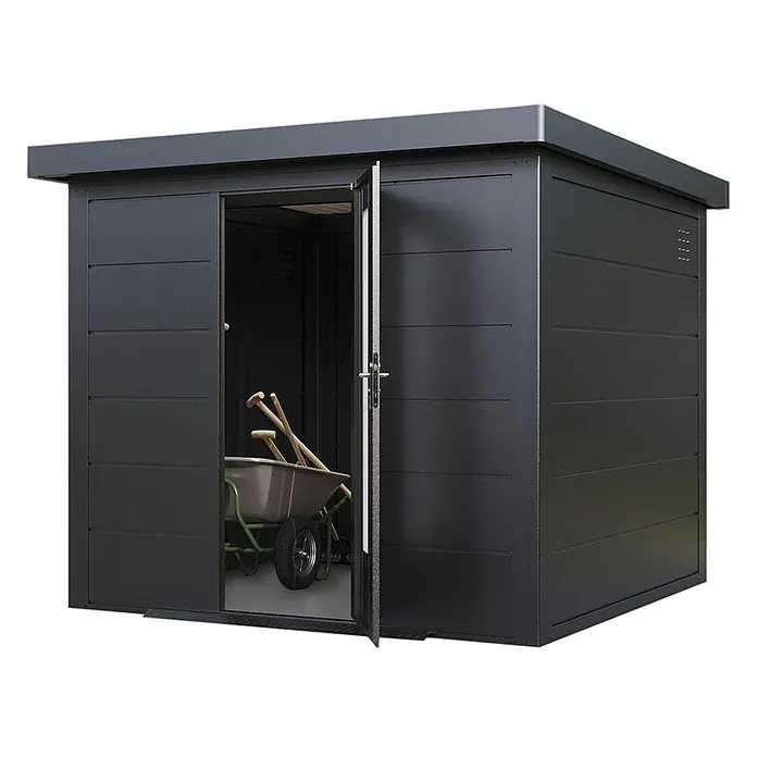 Wolff Finnhaus Gartenhaus Hakon Master Line - Außenmaß inkl. Dachüberstand (B x T): 264 x 272 cm, Metall, Anthrazit - Dunkelgraues Gartenhaus mit geöffneten Doppeltüren, das eine Schubkarre und Werkzeuge im Inneren zeigt.