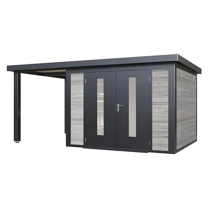 Wolff Finnhaus Gartenhaus Alvar Master Line - Außenmaß inkl. Dachüberstand (B x T): 550 x 272 cm, Holz, Grau - Modernes Gartenhaus mit dunkelgrauem Metallrahmen, hellgrauen Holzpaneelen, Doppeltüren mit Fenstern und integriertem Anbaudach.