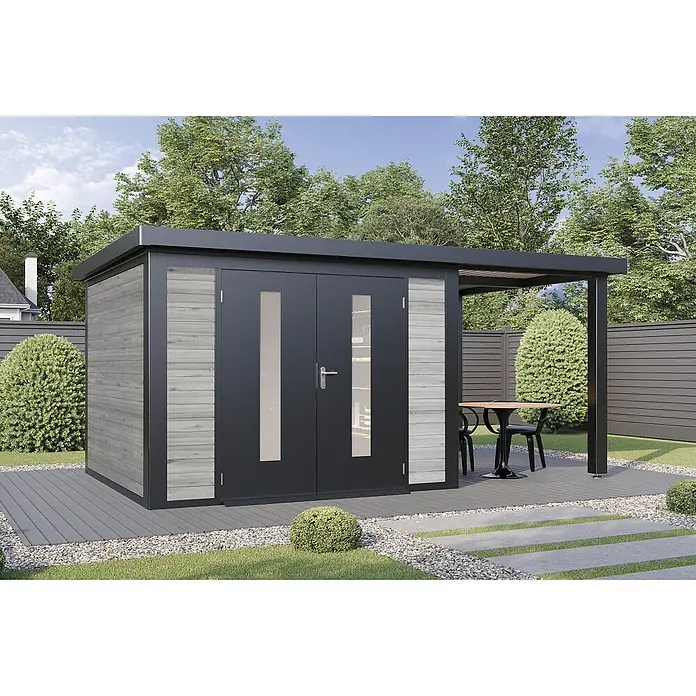 Wolff Finnhaus Gartenhaus Alvar Master Line - Außenmaß inkl. Dachüberstand (B x T): 550 x 272 cm, Holz, Grau - Moderner dunkelgrauer Gartenpavillon mit hellgrauen Holzpaneelen, Glastüren und angebauter Pergola auf einer Terrasse.