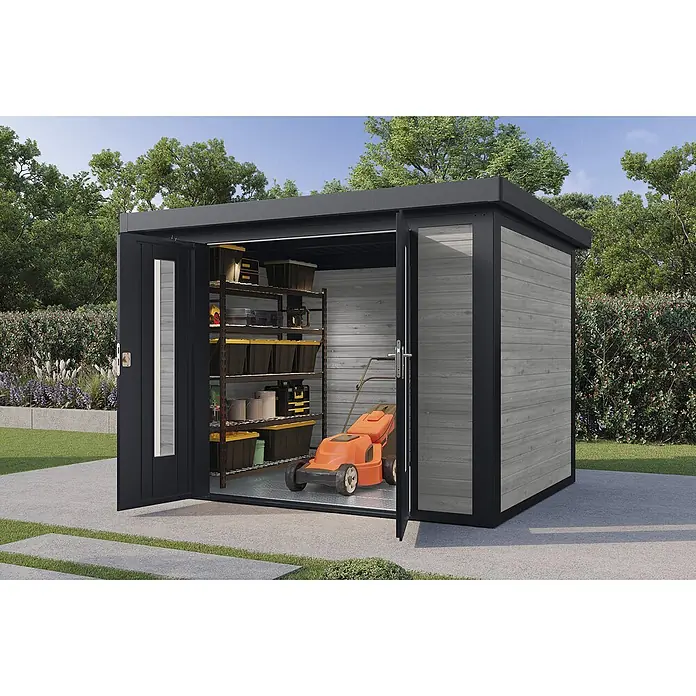 Wolff Finnhaus Gartenhaus Henrik Master Line - Außenmaß inkl. Dachüberstand (B x T): 324 x 272 cm, Holz, Grau - Dunkelgrauer Gartenschuppen mit hellgrauen Holzpaneelen, offene Türen mit Regalen, Behältern und Rasenmäher.