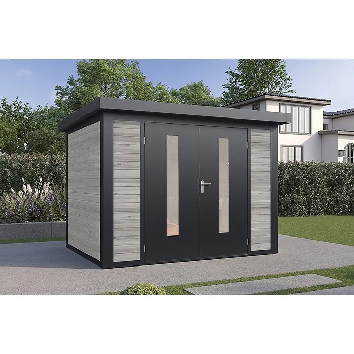 Wolff Finnhaus Gartenhaus Henrik Master Line - Außenmaß inkl. Dachüberstand (B x T): 324 x 272 cm, Holz, Grau - Moderner Geräteschuppen mit dunkelgrauen Doppeltüren und hellgrauen Holzpaneelen, auf Betonplatte im Garten.