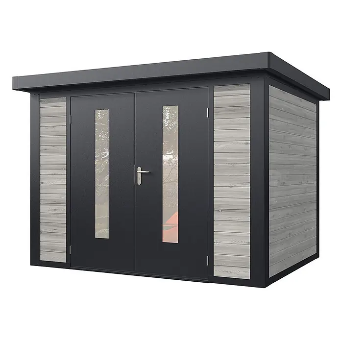 Wolff Finnhaus Gartenhaus Henrik Master Line - Außenmaß inkl. Dachüberstand (B x T): 324 x 272 cm, Holz, Grau - Moderner Gartenhaus mit dunkelgrauem Rahmen und hellgrauer Holzverkleidung. Doppeltüren mit vertikalen Glaspaneelen.