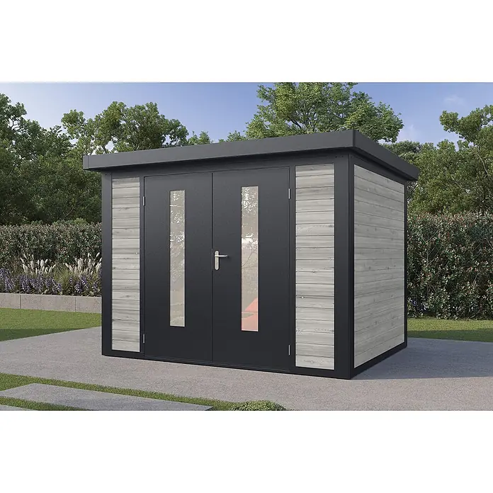 Wolff Finnhaus Gartenhaus Henrik Master Line - Außenmaß inkl. Dachüberstand (B x T): 324 x 272 cm, Holz, Grau - Modernes Gartenhaus mit dunkelgrauen Doppeltüren mit vertikalen Glaseinsätzen und hellgrauer Holzverkleidung, in einem Garten.