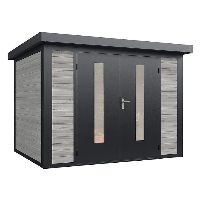 Wolff Finnhaus Gartenhaus Henrik Master Line - Außenmaß inkl. Dachüberstand (B x T): 324 x 272 cm, Holz, Grau - Moderner Geräteschuppen mit anthrazitfarbenem Rahmen, hellgrauer Holzverkleidung und Türen mit Glaspaneelen.