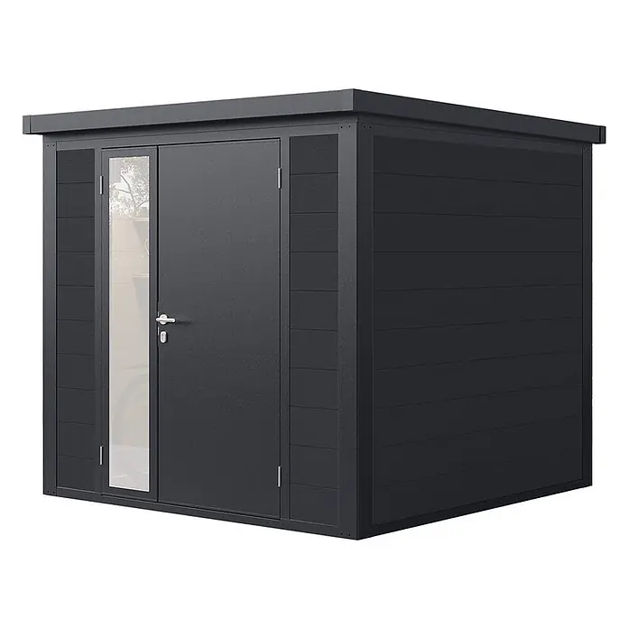Wolff Finnhaus Gartenhaus Asger Prime Line - Außenmaß inkl. Dachüberstand (B x T): 240 x 247 cm, Verbundwerkstoff, Anthrazit - Dunkelgraues Metall-Gartenhaus mit Flachdach und integriertem Glastürpaneel.