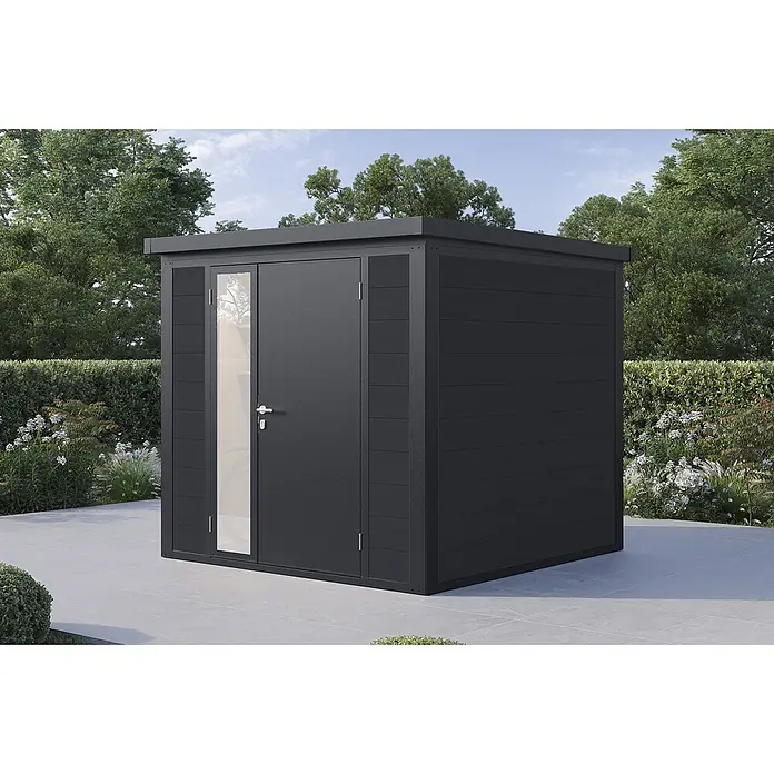 Wolff Finnhaus Gartenhaus Asger Prime Line - Außenmaß inkl. Dachüberstand (B x T): 240 x 247 cm, Verbundwerkstoff, Anthrazit - Dunkelgraues modernes Gartenhaus mit Flachdach und zwei Türen, eine mit Glaspanel, auf einer Terrasse im Garten.