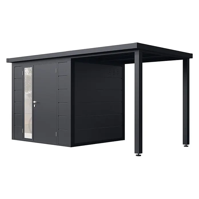 Wolff Finnhaus Gartenhaus Linnea Prime Line - Außenmaß inkl. Dachüberstand (B x T): 429 x 220 cm, Metall, Anthrazit - Anthrazitfarbener Metallschuppen mit Fenster an der Tür und integriertem offenem Carport.