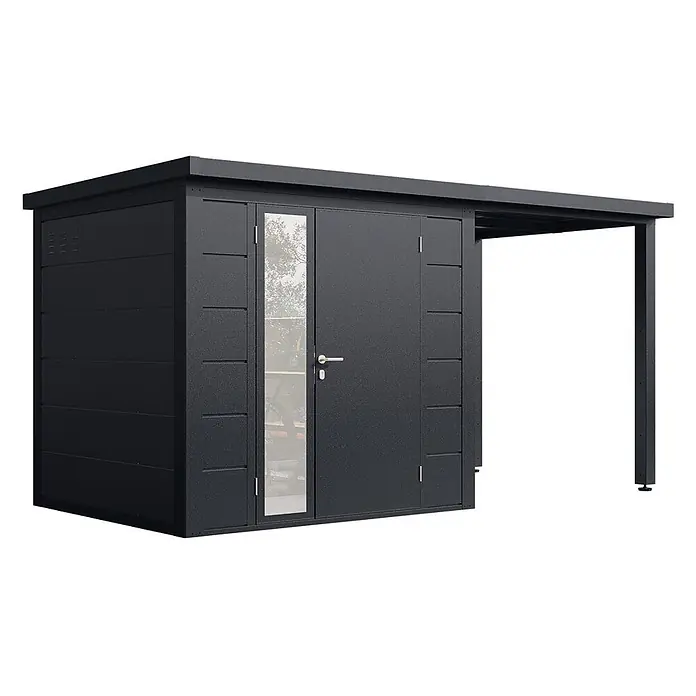 Wolff Finnhaus Gartenhaus Linnea Prime Line - Außenmaß inkl. Dachüberstand (B x T): 429 x 220 cm, Metall, Anthrazit - Anthrazitfarbener Metall-Gartenschuppen mit Glastür und integriertem Anbaudach.