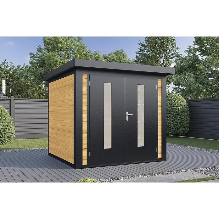 Wolff Finnhaus Gartenhaus Henrik Master Line - Außenmaß inkl. Dachüberstand (B x T): 264 x 272 cm, Holz, Kiefer - Moderner Gartenpavillon mit flachem dunkelgrauem Dach, hellen Holzverkleidungen und dunkelgrauen Doppeltüren mit vertikalen Fenstern auf einer Terrasse.