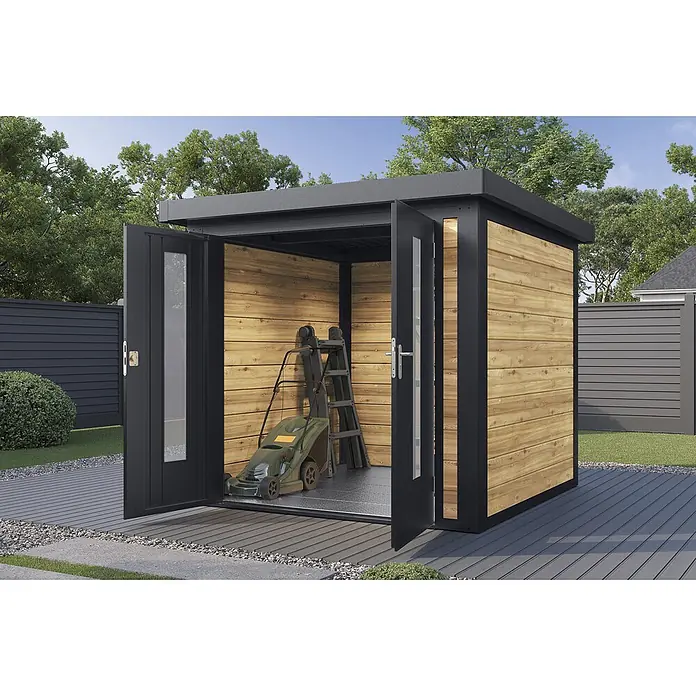 Wolff Finnhaus Gartenhaus Henrik Master Line - Außenmaß inkl. Dachüberstand (B x T): 264 x 272 cm, Holz, Kiefer - Moderner Gartenschuppen mit dunkelgrauem Rahmen und Holzwänden, offene Türen zeigen Rasenmäher und Leiter, auf einer Terrasse.