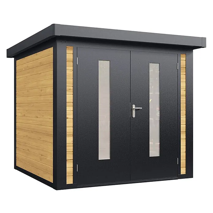 Wolff Finnhaus Gartenhaus Henrik Master Line - Außenmaß inkl. Dachüberstand (B x T): 264 x 272 cm, Holz, Kiefer - Moderner Geräteschuppen mit anthrazitfarbenem Metallrahmen und hellem Holzzaun, Doppeltüren mit vertikalen Glaspaneelen.
