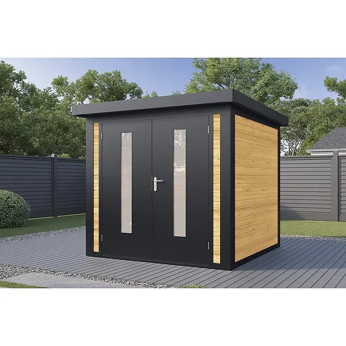 Wolff Finnhaus Gartenhaus Henrik Master Line - Außenmaß inkl. Dachüberstand (B x T): 264 x 272 cm, Holz, Kiefer - Moderner Geräteschuppen mit anthrazitfarbenen Türen und hellem Holz auf grauer Terrasse. Doppeltüren mit Milchglas.
