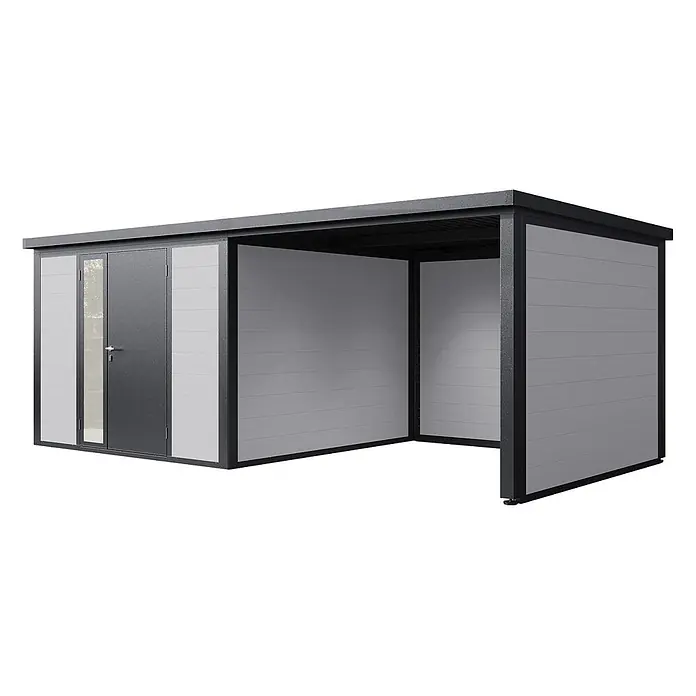 Wolff Finnhaus Gartenhaus Juna Prime Line - Außenmaß inkl. Dachüberstand (B x T): 590 x 306 cm, Verbundwerkstoff, Anthrazit - Moderner grauer Metallschuppen mit hellgrauen Paneelen, dunkler Tür mit Glas und angebautem offenem Carport.
