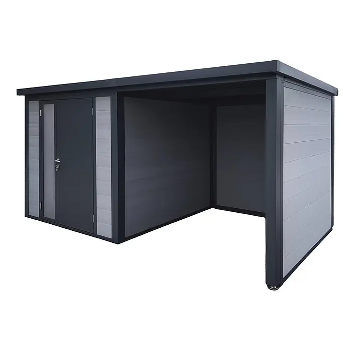 Wolff Finnhaus Gartenhaus Juna Prime Line - Außenmaß inkl. Dachüberstand (B x T): 590 x 306 cm, Verbundwerkstoff, Anthrazit - Moderne dunkelgrau und hellgrau Gartenhütte mit integriertem offenem Carport.