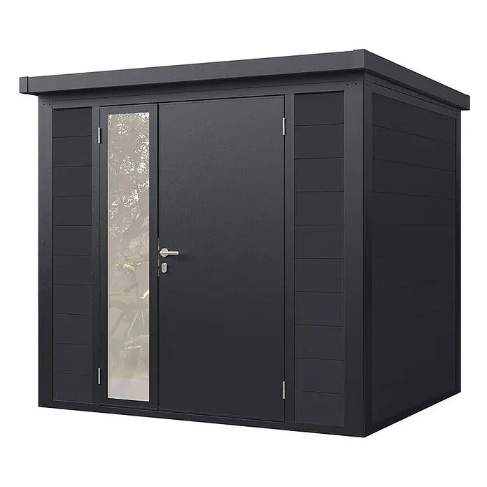 Wolff Finnhaus Gartenhaus Asger Prime Line - Außenmaß inkl. Dachüberstand (B x T): 240 x 220 cm, Verbundwerkstoff, Anthrazit - Anthrazitfarbenes modernes Gartenhaus mit Flachdach, Doppeltür und hohem vertikalen Fenster an einer Tür.