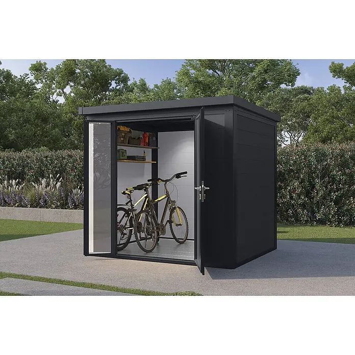 Wolff Finnhaus Gartenhaus Asger Prime Line - Außenmaß inkl. Dachüberstand (B x T): 240 x 220 cm, Verbundwerkstoff, Anthrazit - Dunkelgrauer Gartenschuppen aus Metall mit offenen Türen, zwei Fahrräder und Werkzeuge auf Regalen.