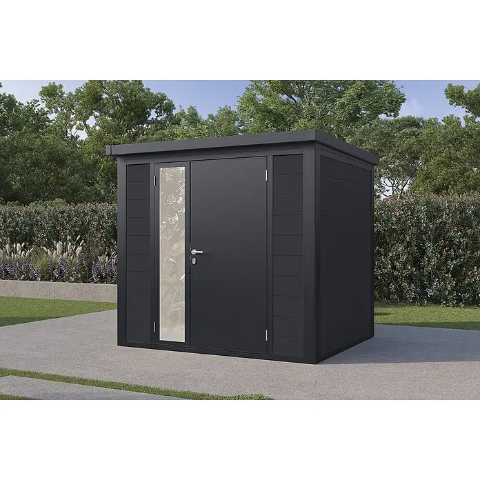 Wolff Finnhaus Gartenhaus Asger Prime Line - Außenmaß inkl. Dachüberstand (B x T): 240 x 220 cm, Verbundwerkstoff, Anthrazit - Dunkelgrauer moderner Gartenschuppen mit Flachdach, einer Tür mit Glaspaneel und einer Volltür, auf einer Terrasse im Garten.