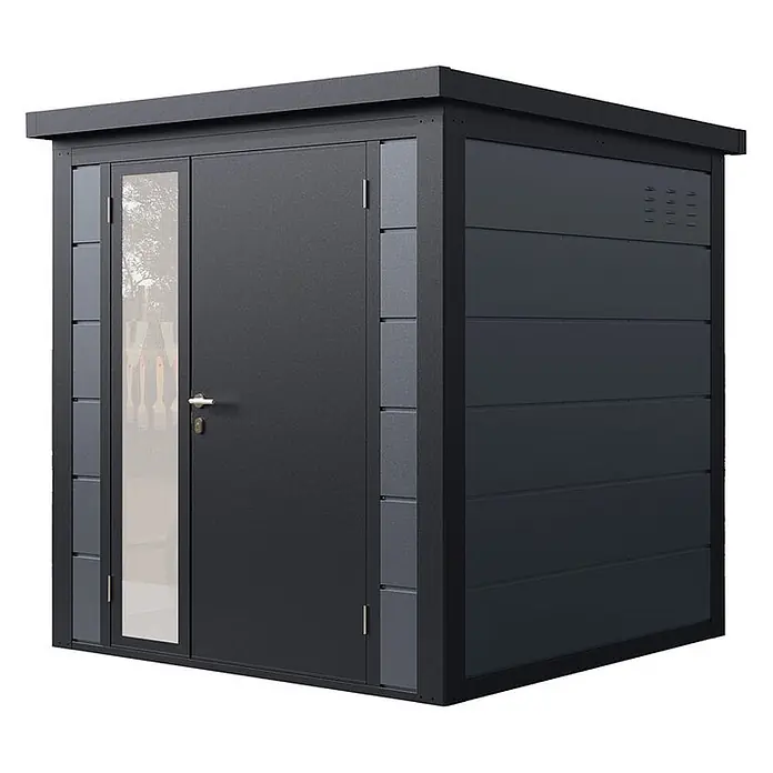 Wolff Finnhaus Gartenhaus Ulrik Prime Line - Außenmaß inkl. Dachüberstand (B x T): 210 x 220 cm, Metall, Felsgrau - Dunkelgrauer Metall-Gartenschuppen mit Flachdach, Doppeltüren, eine davon mit Fenster, zur Aufbewahrung im Freien.