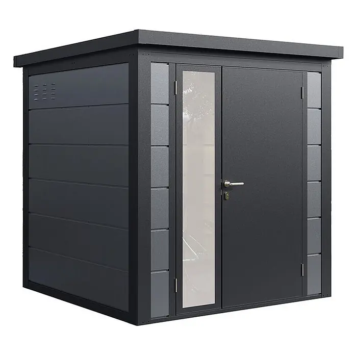 Wolff Finnhaus Gartenhaus Ulrik Prime Line - Außenmaß inkl. Dachüberstand (B x T): 210 x 220 cm, Metall, Felsgrau - Dunkelgraues Gartenhaus mit Flachdach. Es hat eine Volltür und eine Tür mit durchgehender Glasscheibe.