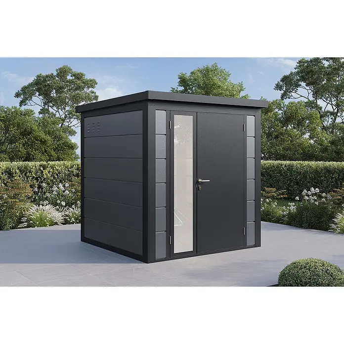 Wolff Finnhaus Gartenhaus Ulrik Prime Line - Außenmaß inkl. Dachüberstand (B x T): 210 x 220 cm, Metall, Felsgrau - Dunkelgraues Metall-Gartenhaus mit Flachdach, horizontalen Paneelen und Doppeltüren mit Glasfüllung.