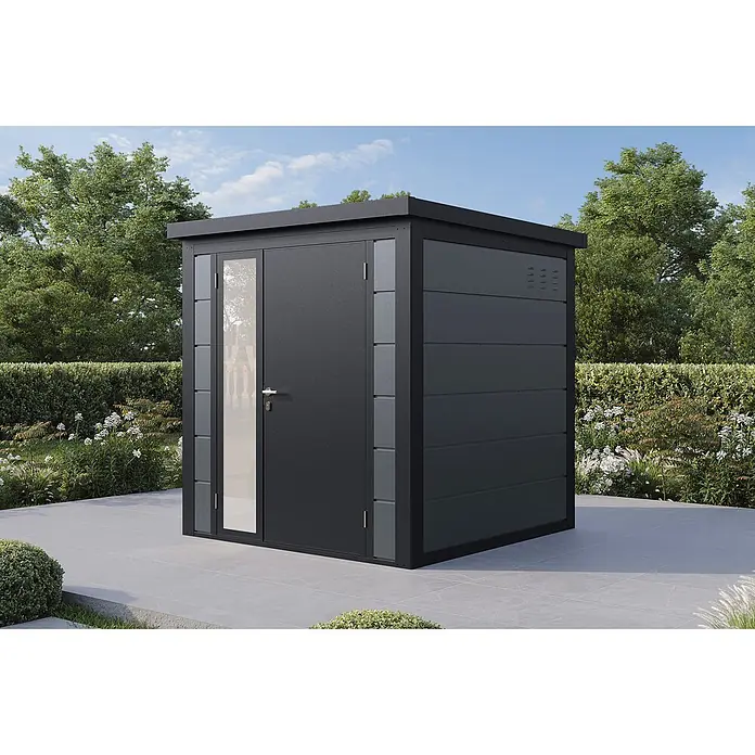 Wolff Finnhaus Gartenhaus Ulrik Prime Line - Außenmaß inkl. Dachüberstand (B x T): 210 x 220 cm, Metall, Felsgrau - Moderner dunkelgrauer Geräteschuppen mit Glaseinsatztür, auf einer Terrasse.