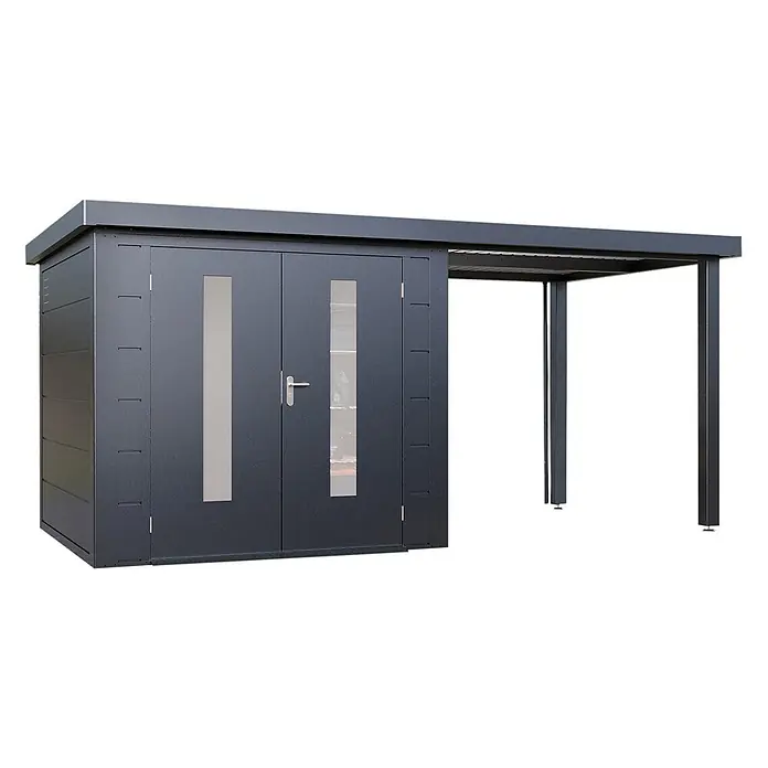 Wolff Finnhaus Gartenhaus Elvar Master Line - Außenmaß inkl. Dachüberstand (B x T): 489 x 272 cm, Metall, Anthrazit - Dunkelgrauer Metallschuppen mit zwei Türen und Fensterpaneelen, integriert in einen passenden offenen Carport mit zwei Stützen.