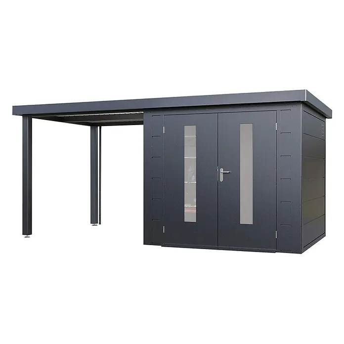 Wolff Finnhaus Gartenhaus Elvar Master Line - Außenmaß inkl. Dachüberstand (B x T): 489 x 272 cm, Metall, Anthrazit - Dunkelgraues Metall-Gartenhaus mit integriertem Carport für Stauraum und geschütztes Parken.