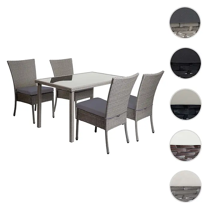 Mendler Poly-Rattan Garnitur HWC-G19 120x75cm - grau, Kissen dunkelgrau -  - Graues Rattan-Gartenset mit rechteckigem Tisch mit Glasplatte und vier Stühlen mit dunkelgrauen Kissen.