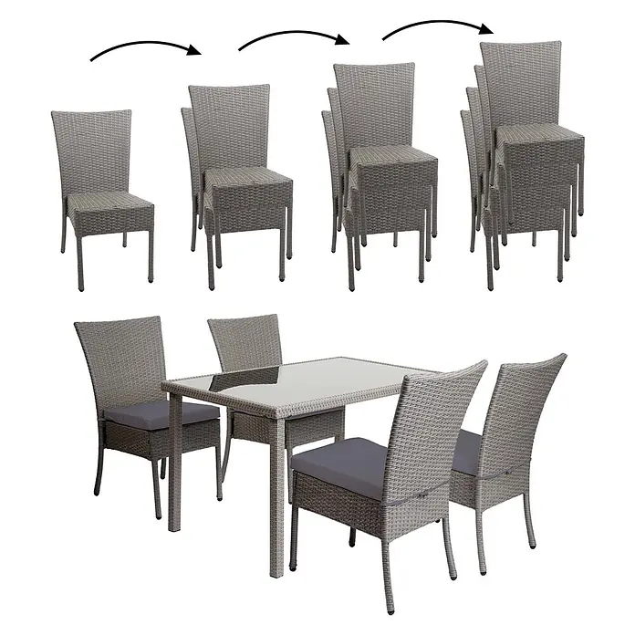 Mendler Poly-Rattan Garnitur HWC-G19 120x75cm - grau, Kissen dunkelgrau -  - Graues Rattan-Outdoor-Essgruppe mit Glastisch und stapelbaren Stühlen, gezeigt gestapelt zur Aufbewahrung und aufgebaut zur Nutzung.