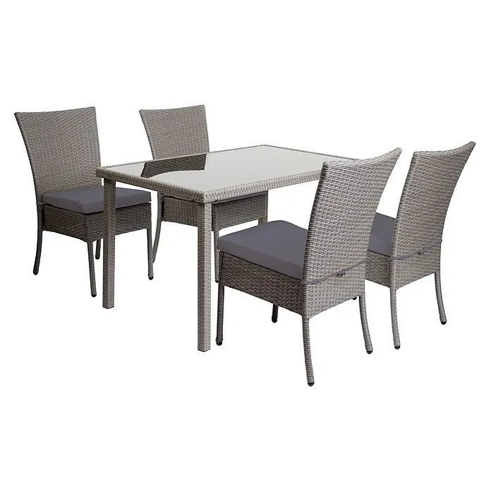 Mendler Poly-Rattan Garnitur HWC-G19 120x75cm - grau, Kissen dunkelgrau -  - Graues Rattan-Gartenset mit Glastisch und vier Stühlen mit grauen Kissen.