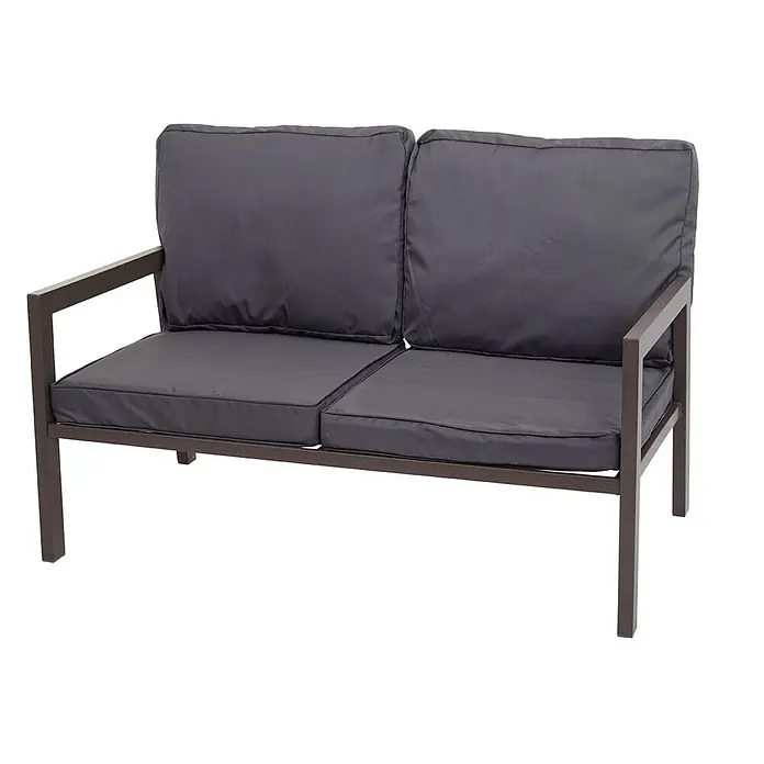 Mendler Loungemöbel-Set HWC-L64 - 4 -tlg., Metall, Polster grau, Grau - Dunkelgraues Zweisitzer-Gartensofa mit dunkelbraunem Metallrahmen und dicken Kissen.