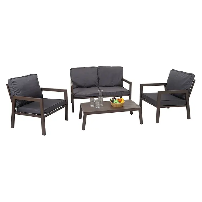 Mendler Loungemöbel-Set HWC-L64 - 4 -tlg., Metall, Polster grau, Grau - Dunkelbraunes Metall-Gartenmöbelset mit zwei Sesseln, einem Zweisitzer-Sofa und einem Couchtisch, alle mit dunkelgrauen Kissen.